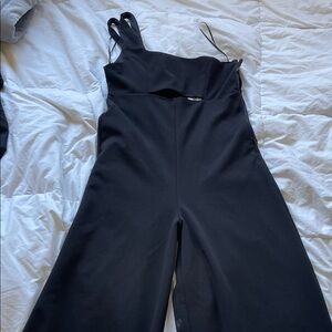 Black Wide-Leg Cutout Jumpsuit with Strappy Shoulders